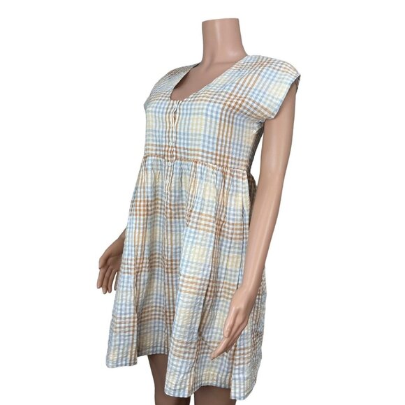 Madewell Womens Mini Dress Size XS Seer Sucker Brown Plaid -V Neck -Half Button - Picture 12 of 12